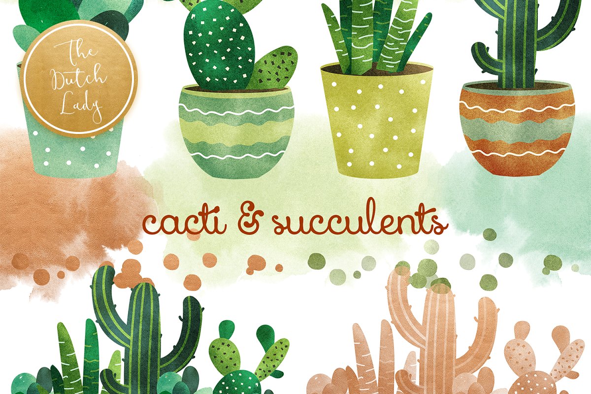 高品质仙人掌&多肉水彩剪贴画套装 Cacti & Succulent Clipart Set_img_2