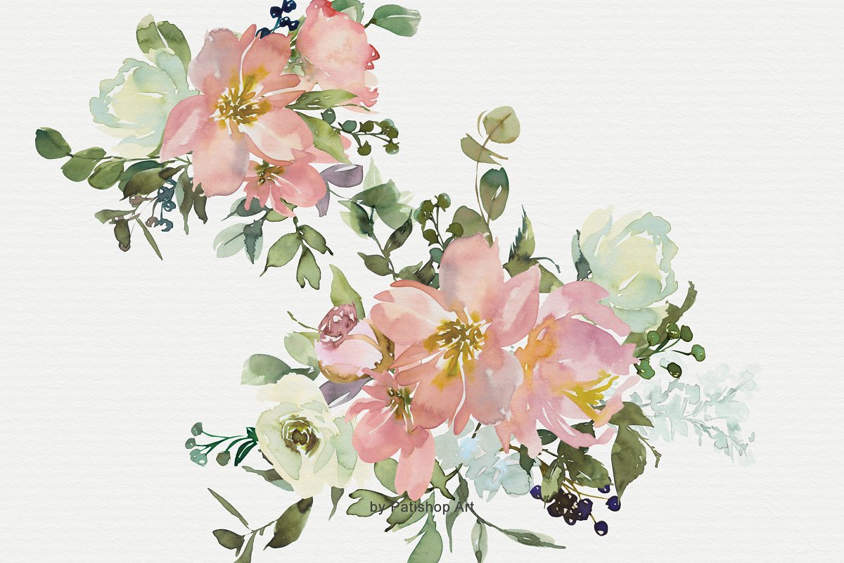 腮红色月季花束水彩花剪贴画设计素材集 Blush Watercolor Floral Bouquet Clip_img_2