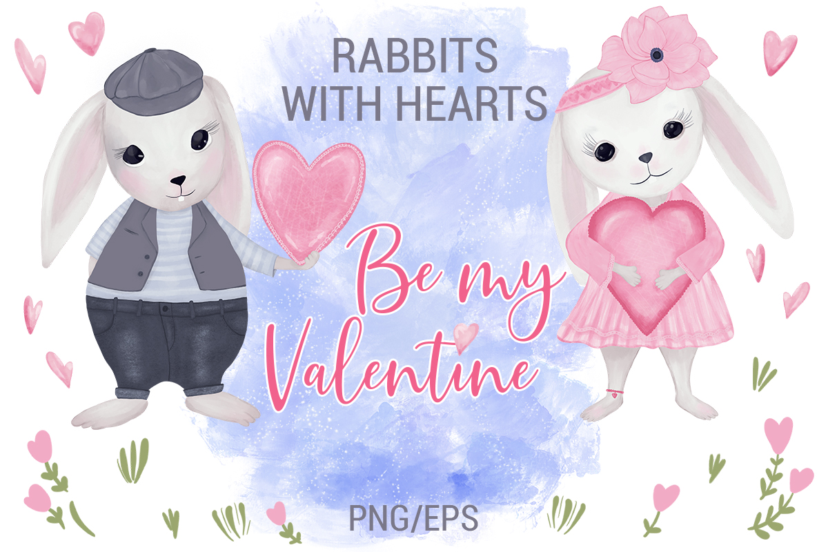 可爱手绘兔子插图设计素材包 Rabbits with Hearts Valentine