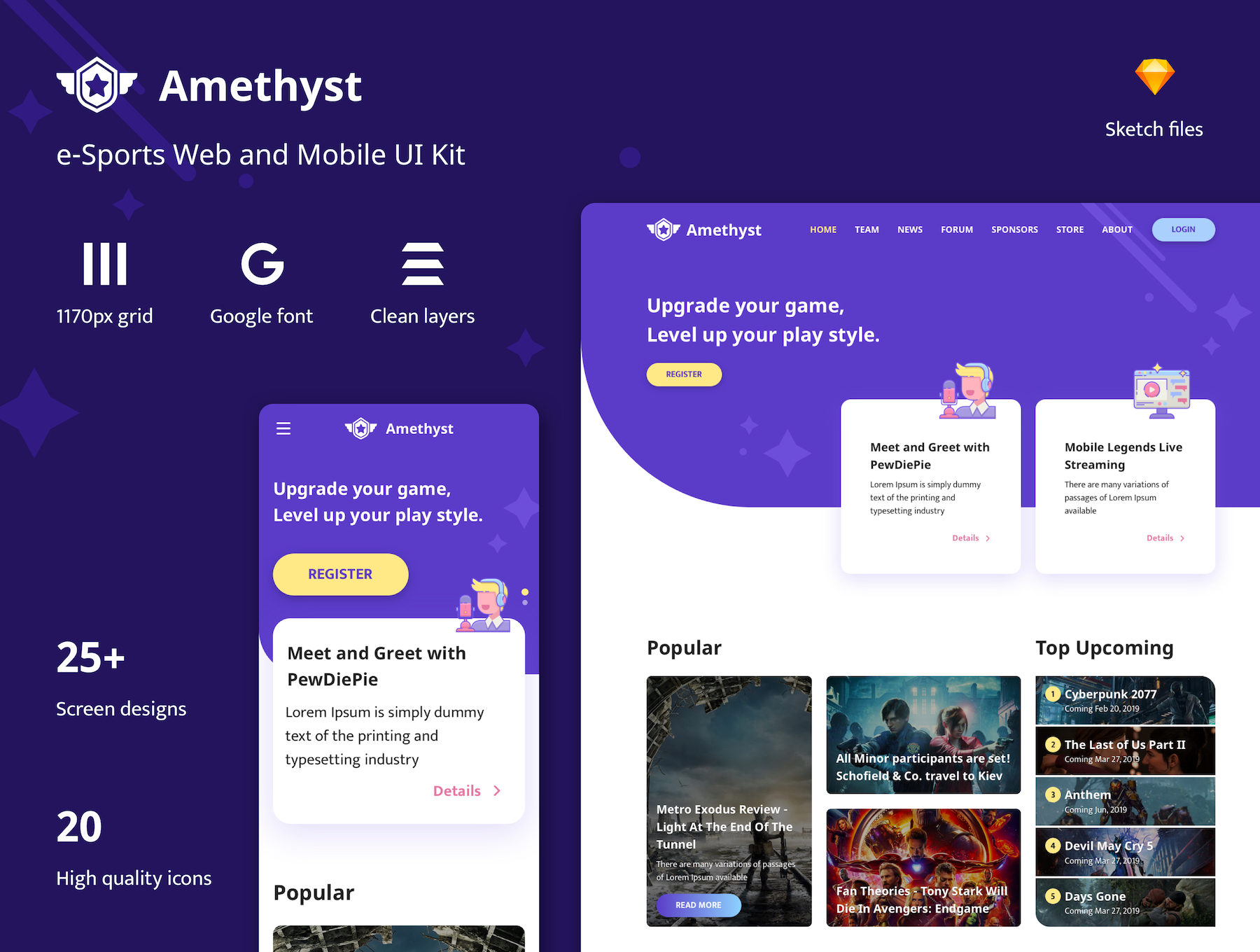 紫水晶色调游戏电竞网站WEB UI界面设计SKETCH模板 Amethyst - Esports Sketch Template_img_2