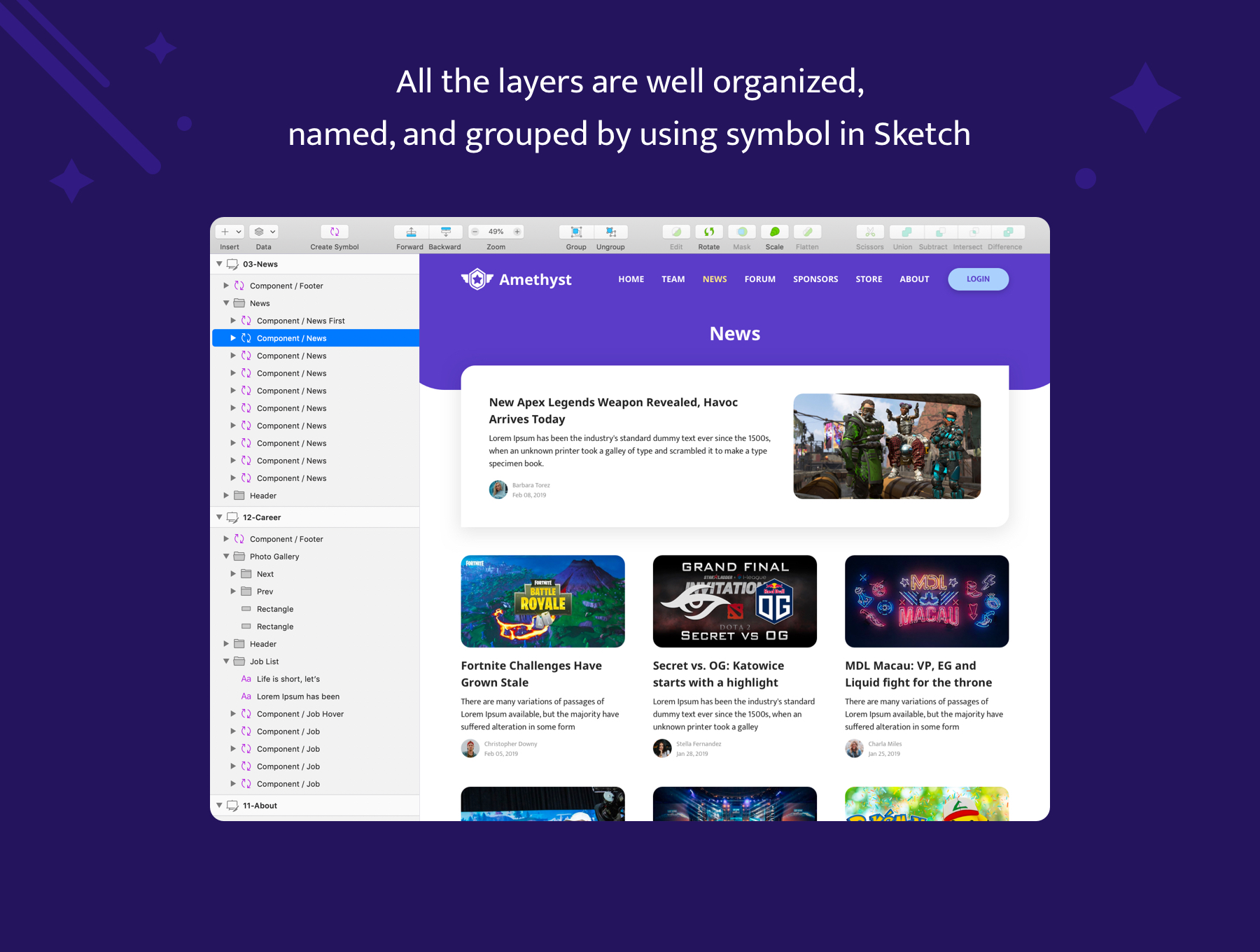 紫水晶色调游戏电竞网站WEB UI界面设计SKETCH模板 Amethyst - Esports Sketch Template_img_2