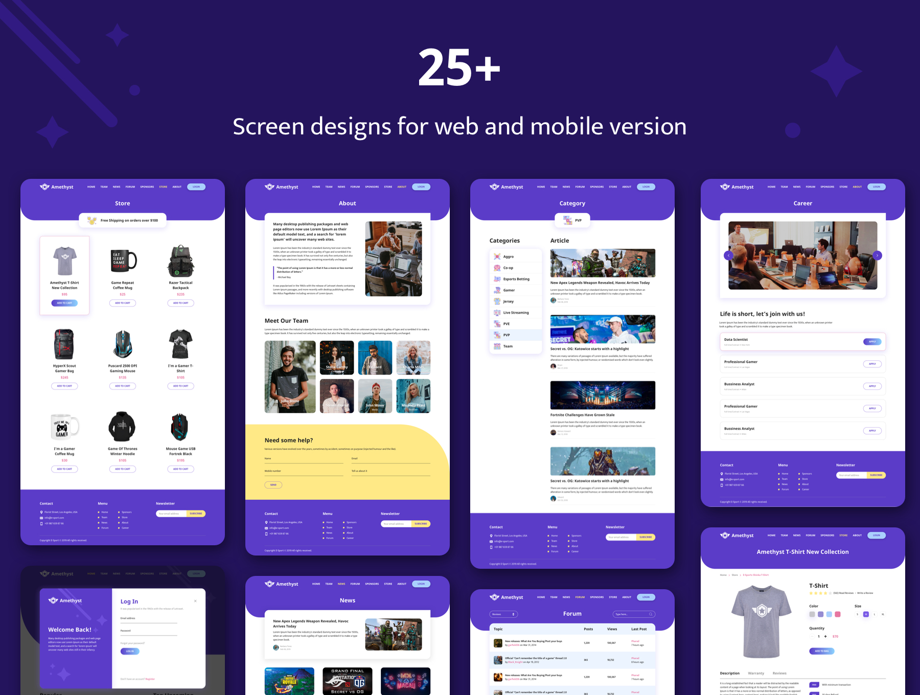 紫水晶色调游戏电竞网站WEB UI界面设计SKETCH模板 Amethyst - Esports Sketch Template_img_2