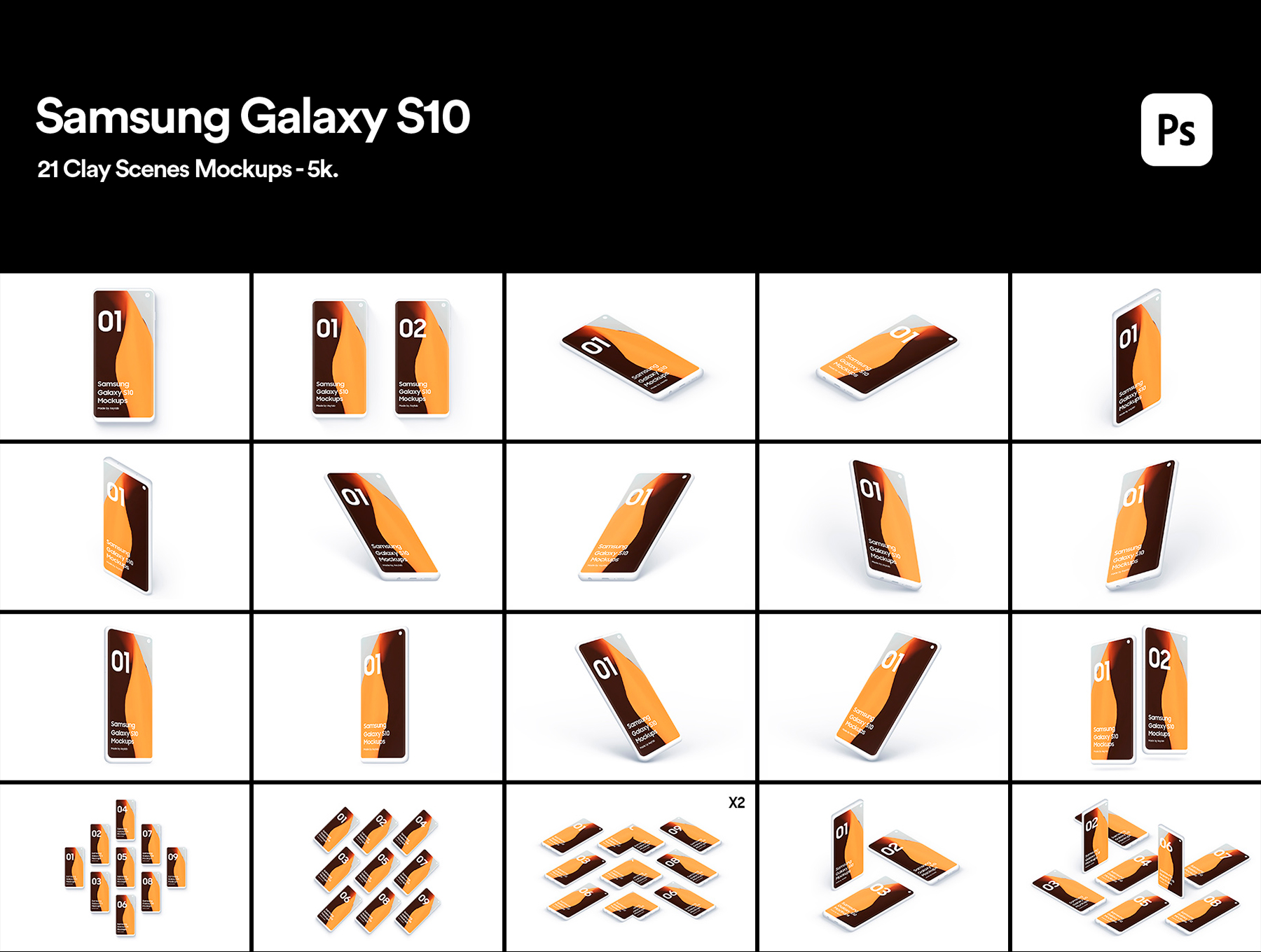 陶瓷质感三星Galaxy S10智能手机样机模板 Samsung Galaxy S10 - 21 Clay Mockups_img_2