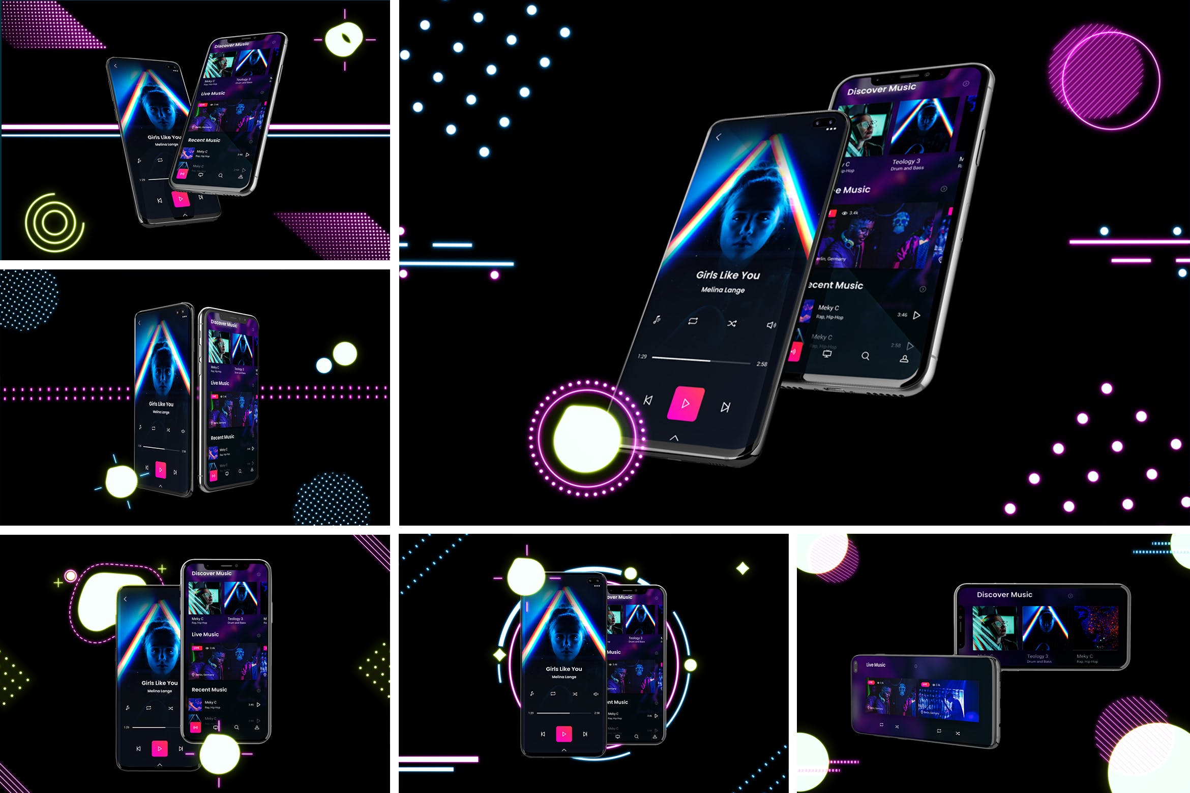 高质量霓虹灯风格iOS/Android手机样机模板 Neon IOS & Android Mockup V.2_img_2