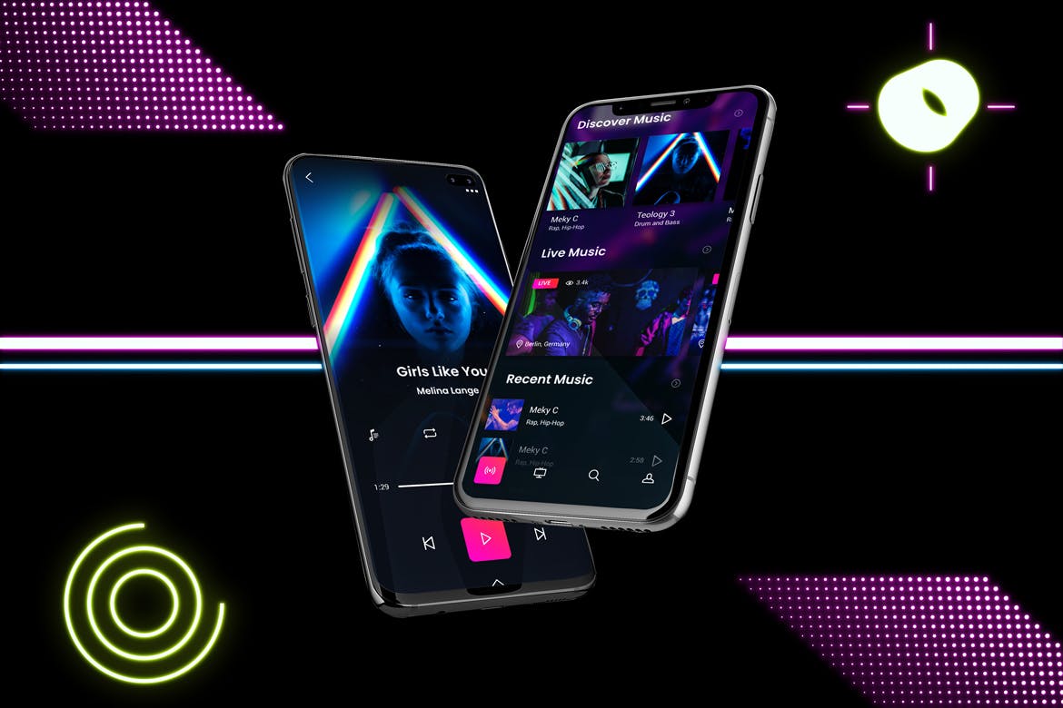 高质量霓虹灯风格iOS/Android手机样机模板 Neon IOS & Android Mockup V.2_img_2