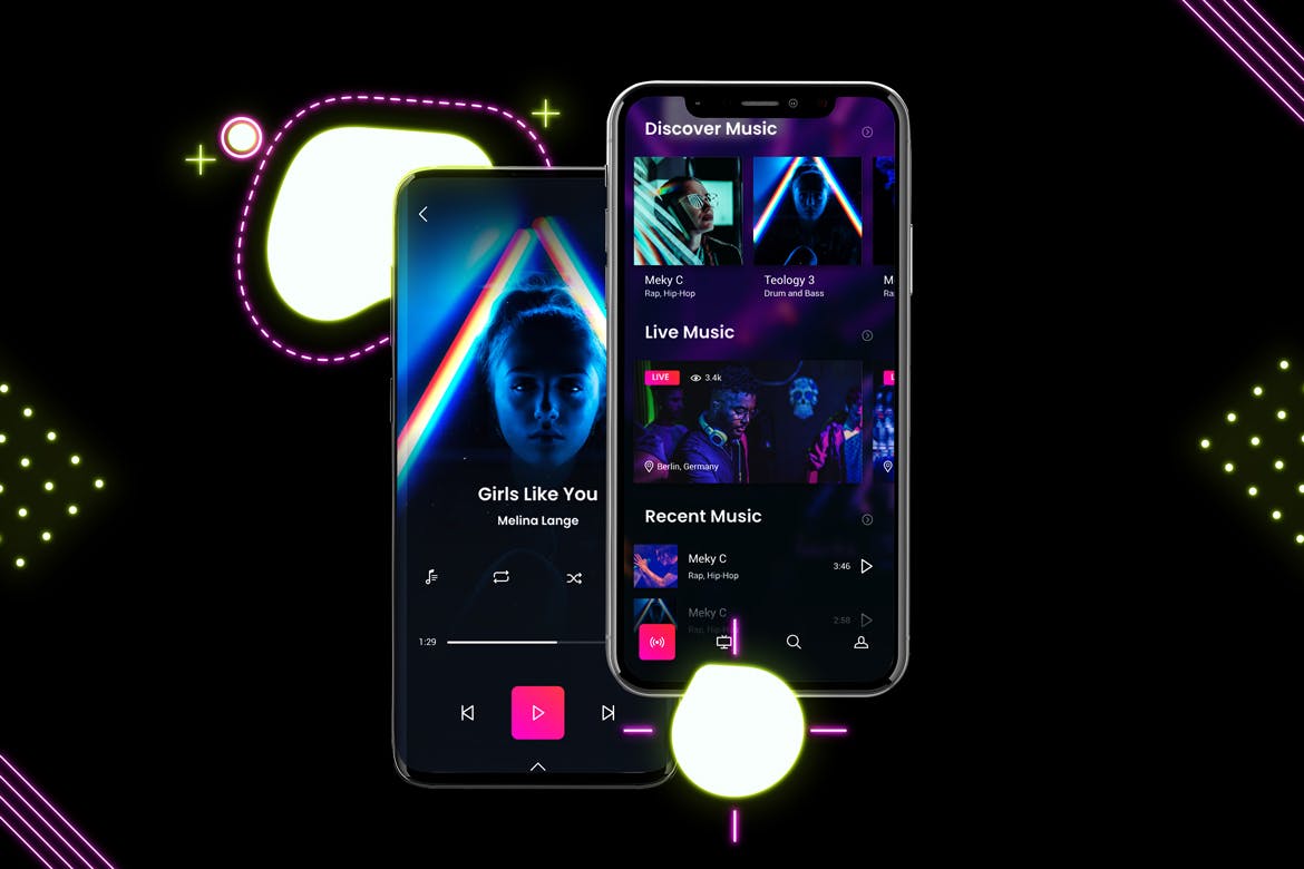 高质量霓虹灯风格iOS/Android手机样机模板 Neon IOS & Android Mockup V.2_img_2