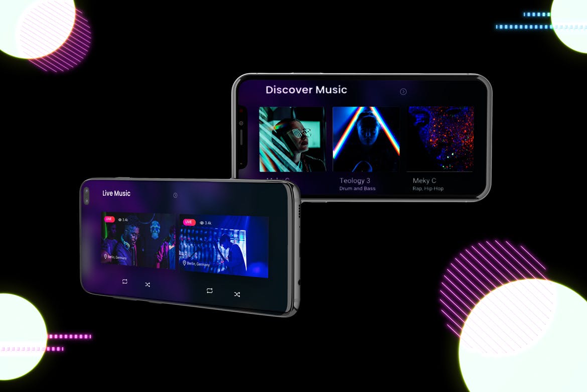 高质量霓虹灯风格iOS/Android手机样机模板 Neon IOS & Android Mockup V.2_img_2