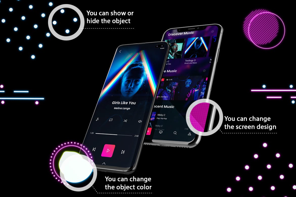 高质量霓虹灯风格iOS/Android手机样机模板 Neon IOS & Android Mockup V.2_img_2