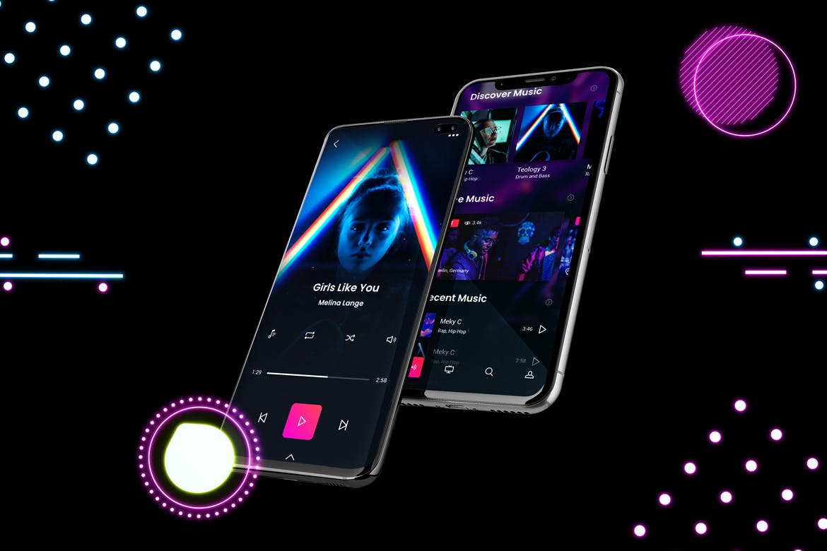 高质量霓虹灯风格iOS/Android手机样机模板 Neon IOS & Android Mockup V.2_img_2