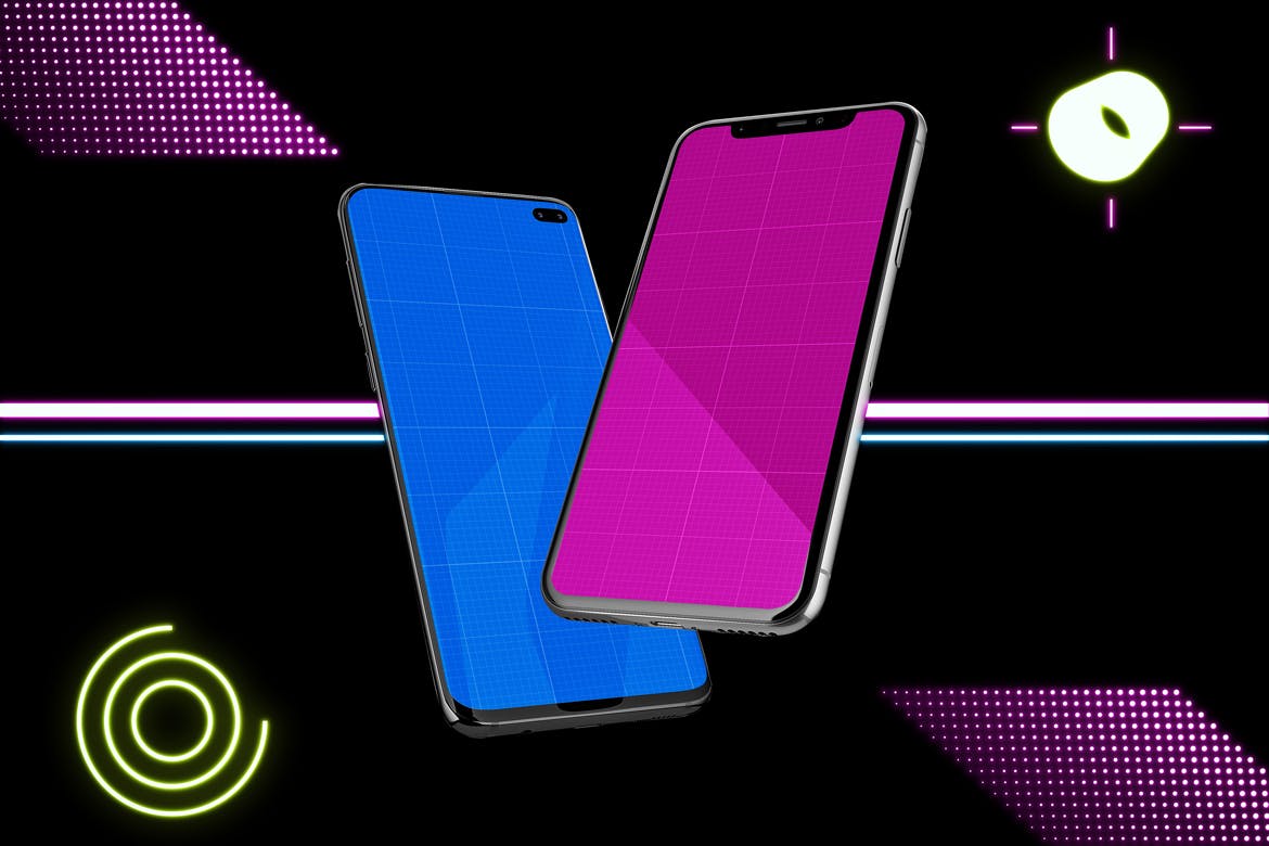 高质量霓虹灯风格iOS/Android手机样机模板 Neon IOS & Android Mockup V.2_img_2