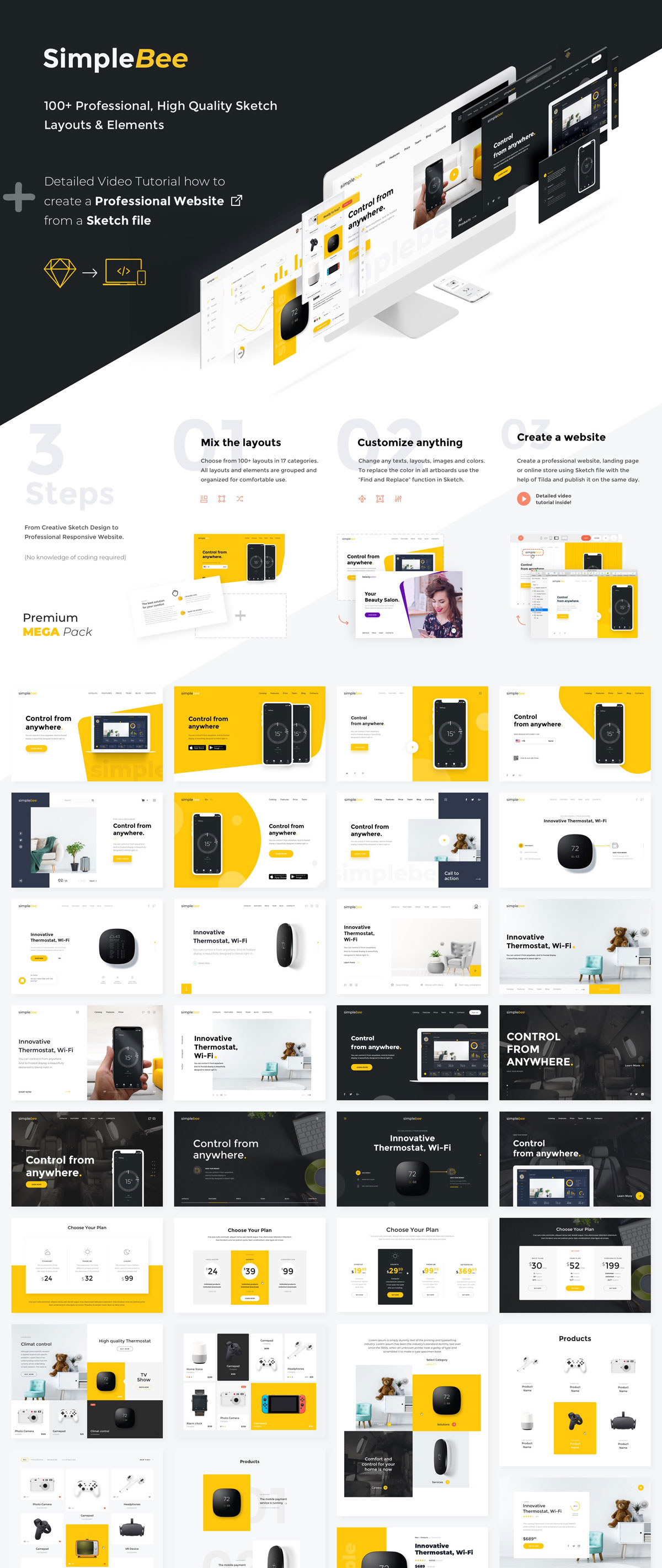 100+高质量响应式网站设计SKETCH模板套件 SimpleBee Layouts & Components_img_2