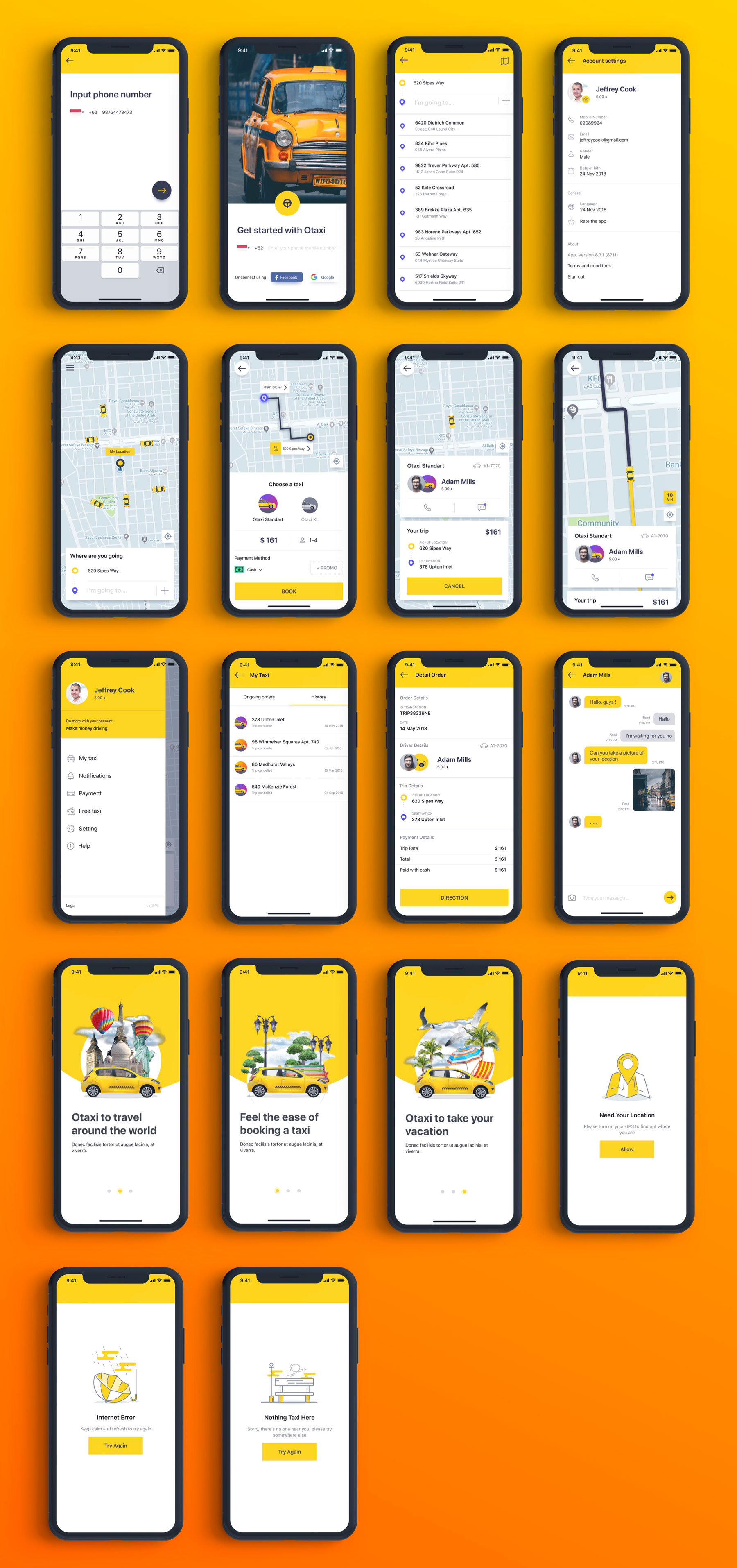 类Uber&滴滴出行叫车APP应用UI设计套件SKETCH模板 Otaxi Mobile UI Kit_img_2