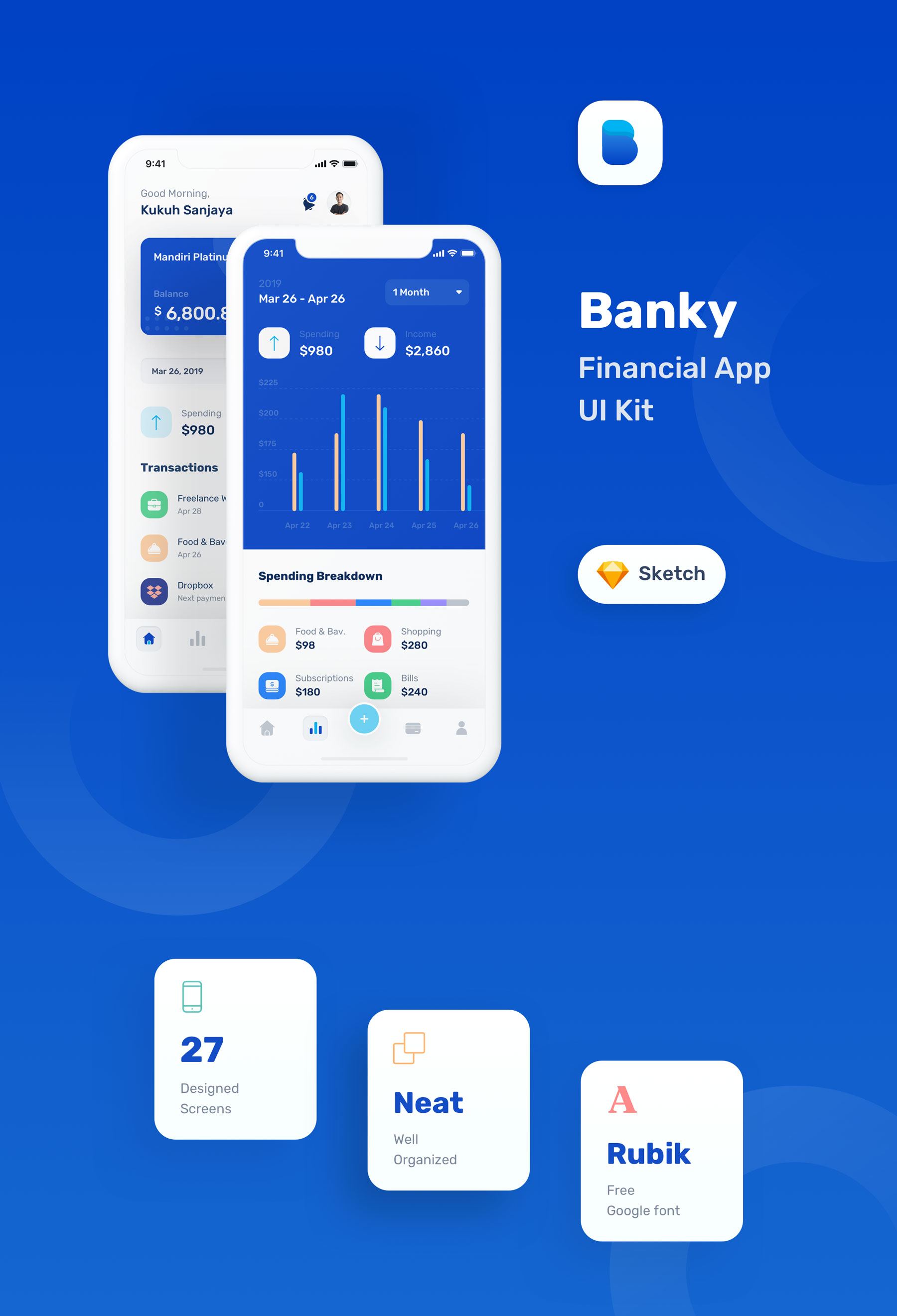 蓝色调金融银行财务管理APP应用程序UI界面设计套件 Banky - Finance App UI Kit_img_2