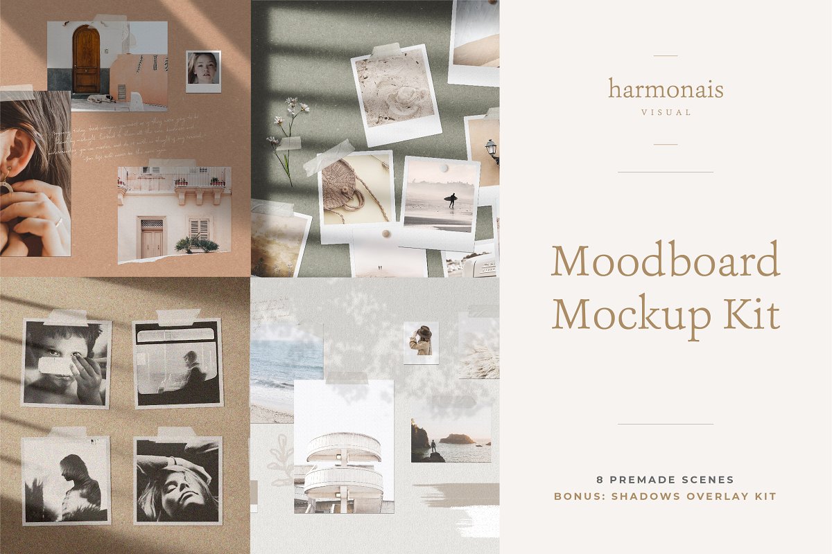 逼真极简摄影照片墙设计展示样机模板 Moodboard Mockup Kit_img_2