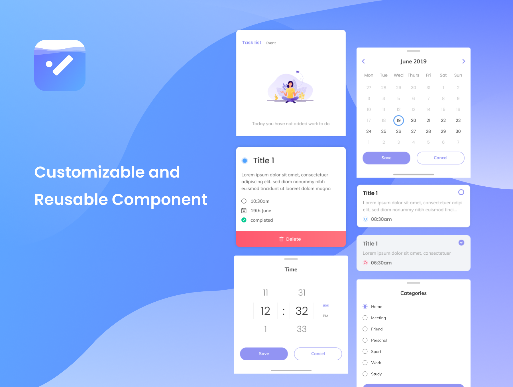 每日任务管理APP应用程序UI设计套件FIG模板 Taskminder - Task, Alarm and Event remind Mobile App UI Kit_img_2