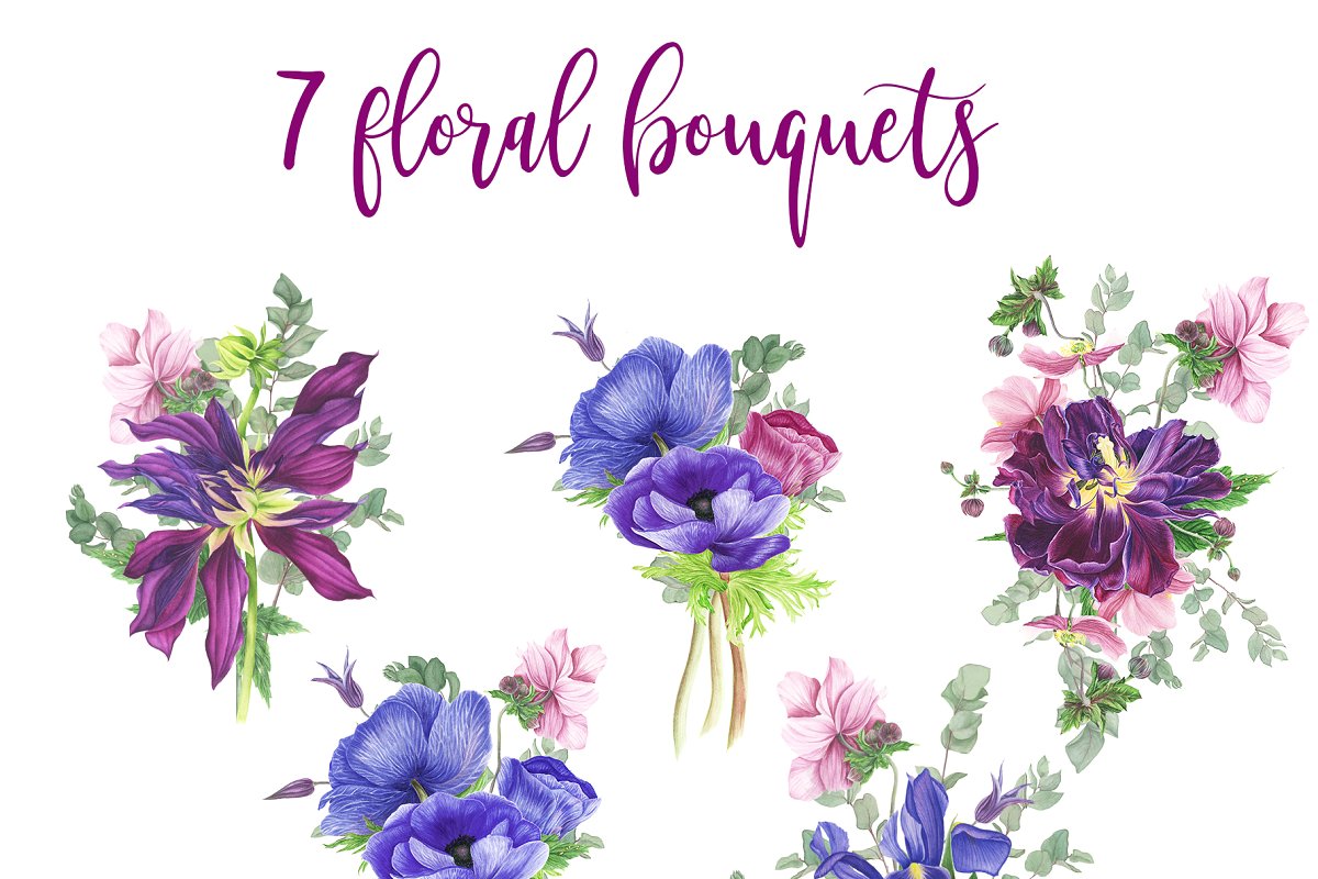 紫色手绘花束水彩剪贴画集&卡片设计模板 Purple Bouquet Watercolor Clipart_img_2