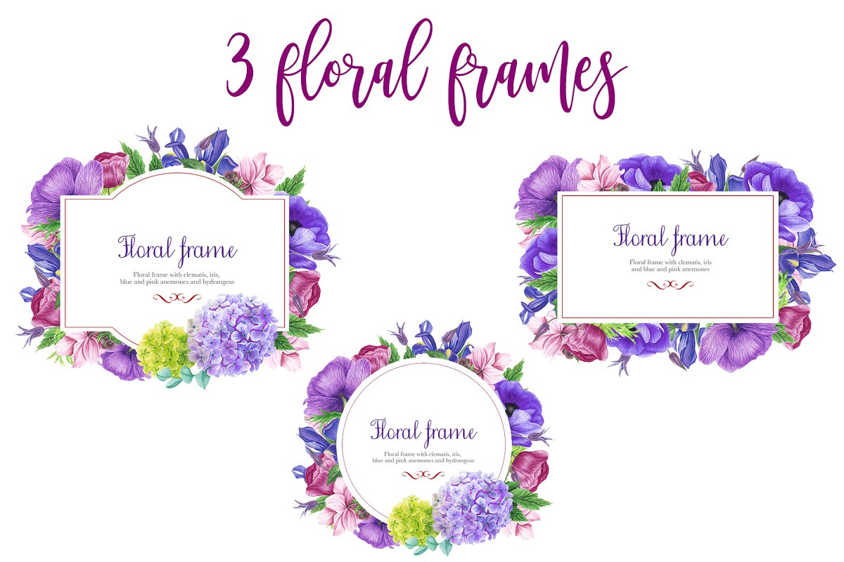 紫色手绘花束水彩剪贴画集&卡片设计模板 Purple Bouquet Watercolor Clipart_img_2