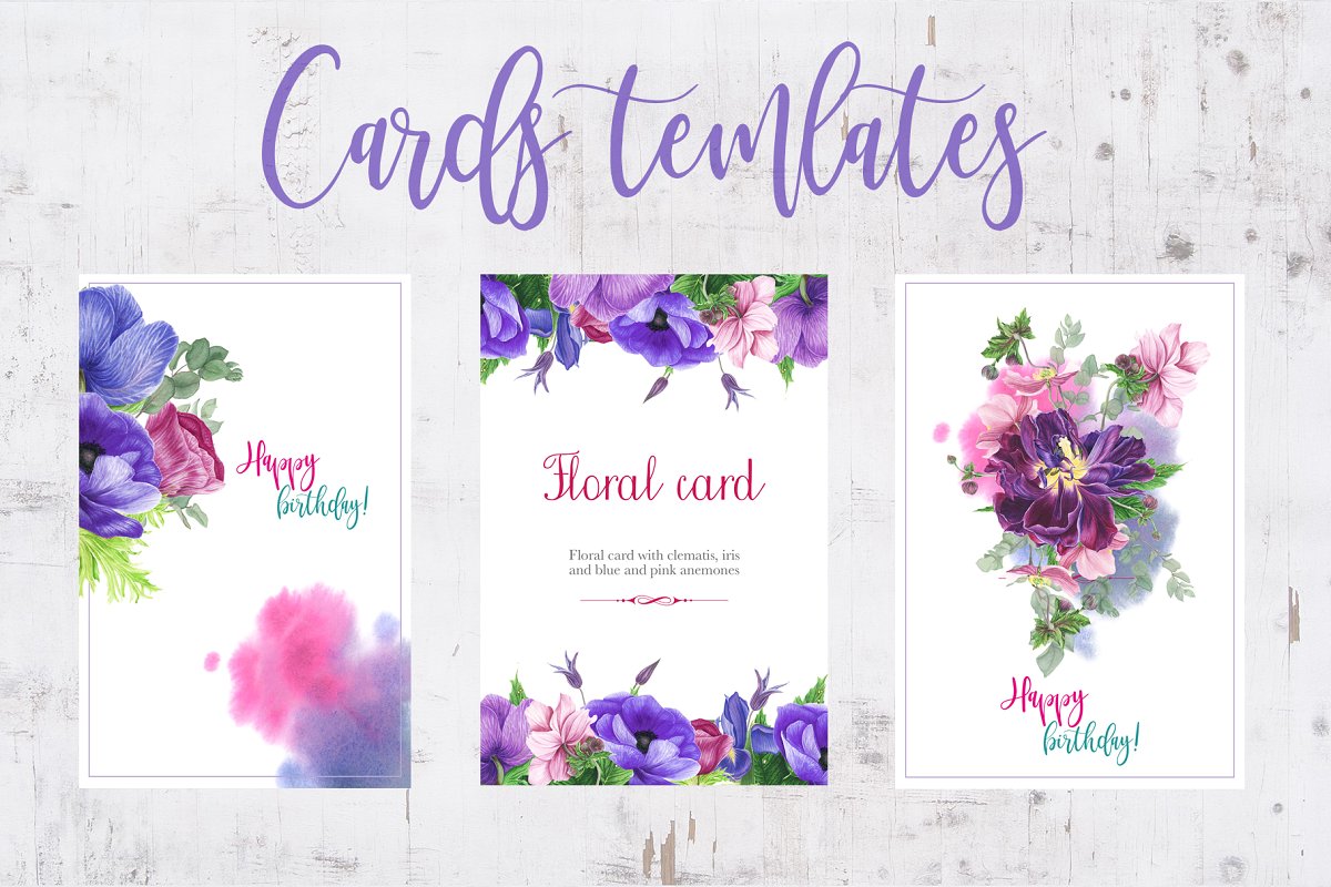 紫色手绘花束水彩剪贴画集&卡片设计模板 Purple Bouquet Watercolor Clipart_img_2