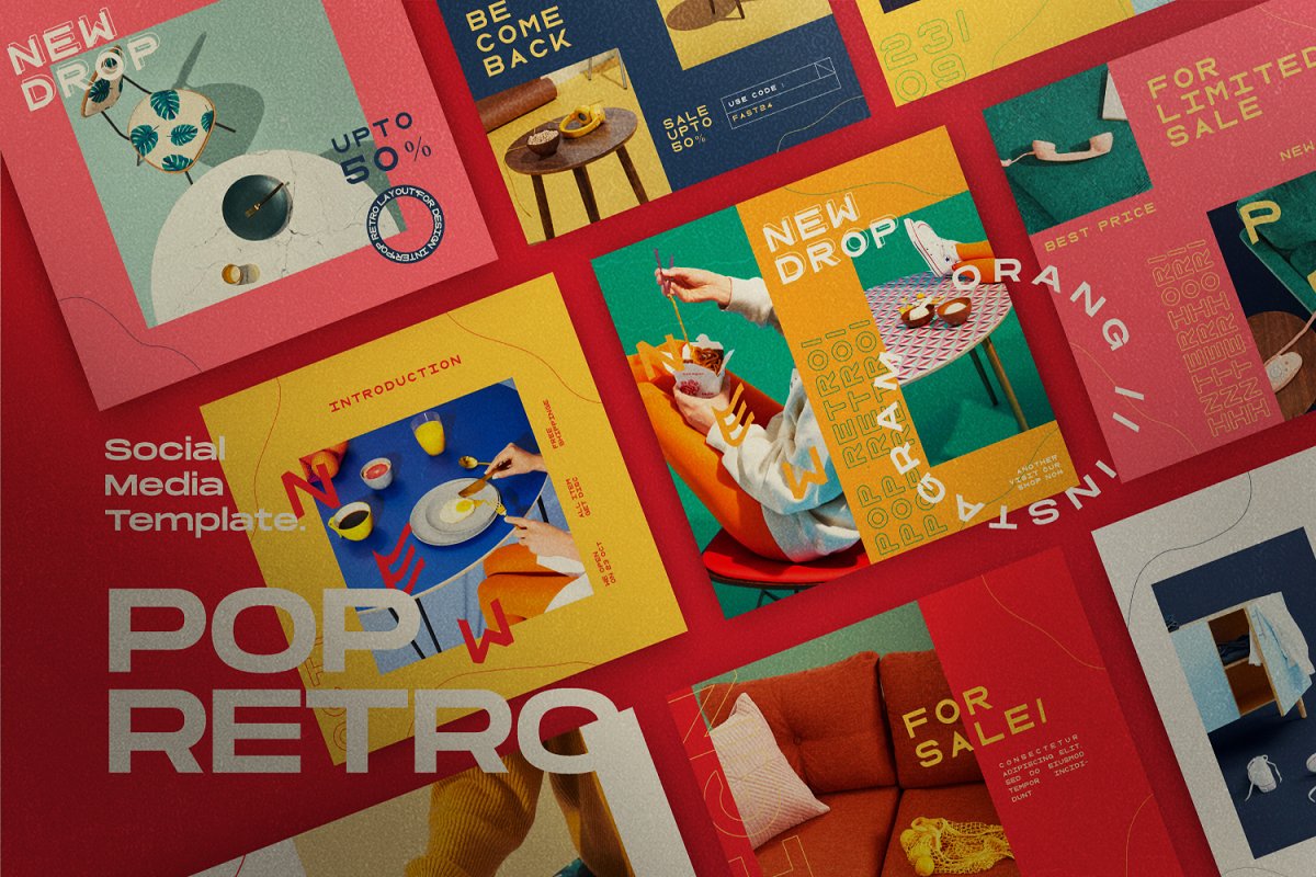 流行复古家具品牌推广社交媒体设计模板 Pop Retro - Social Media Template_img_2