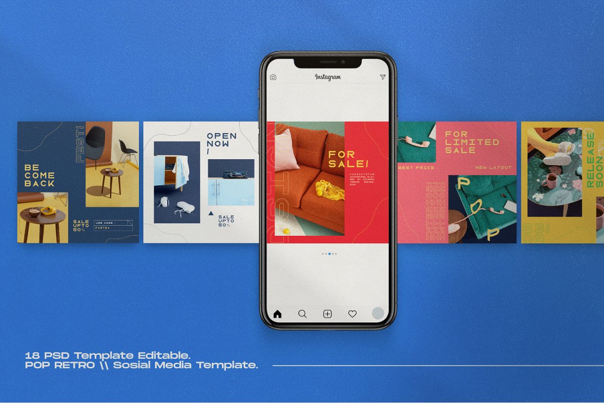 流行复古家具品牌推广社交媒体设计模板 Pop Retro - Social Media Template_img_2