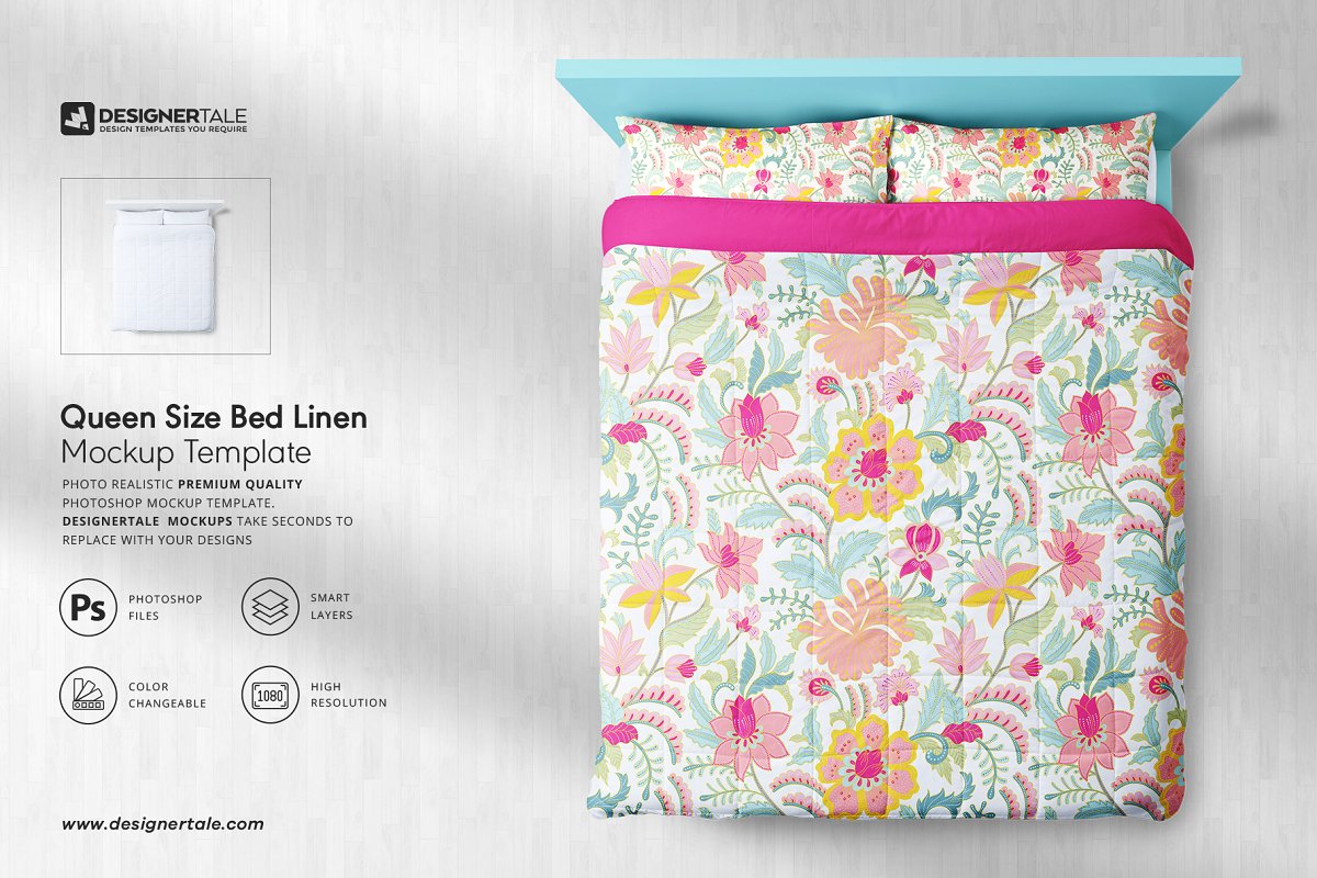 双人被罩枕套设计展示图样机模板 Queen Size Bed Linen Mockup_img_2