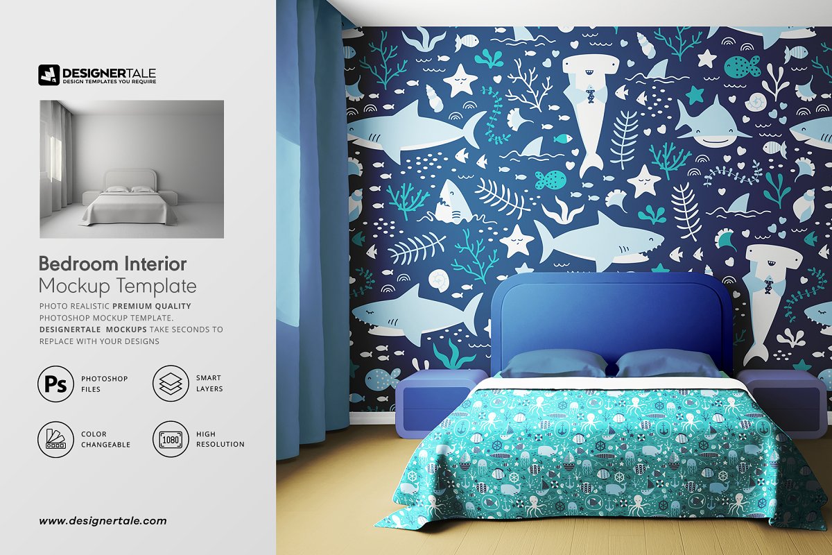 唯美卧室装修效果图展示样机模板 Bedroom Interior Objects Mockup_img_2