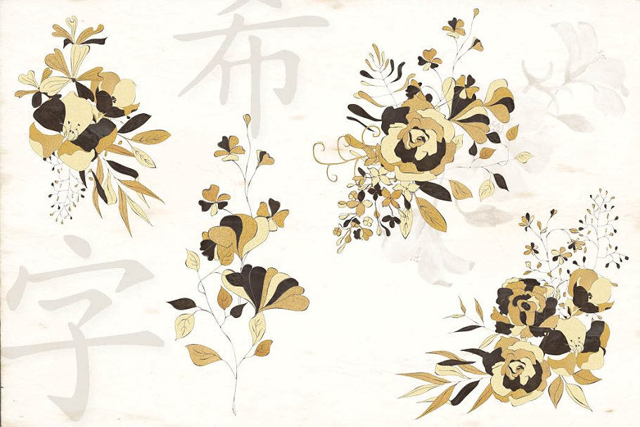 手绘黑色&金色东方风格花卉字母装饰剪贴画集 Black And Gold Eastern Design Set_img_2