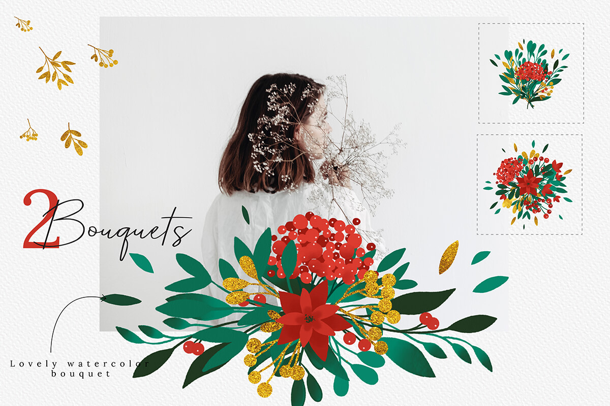 圣诞节主题手绘水彩花圈剪贴画集合 Christmas Watercolor Flowers Clipart Collection_img_2