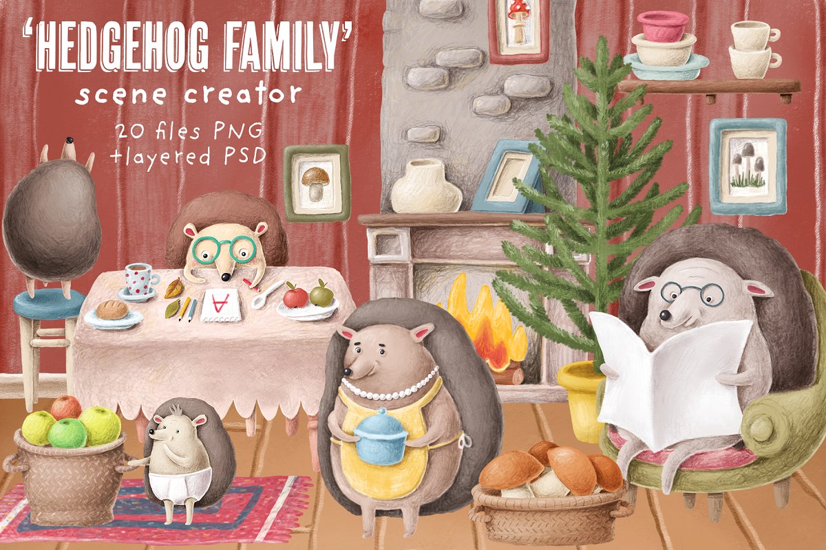 可爱手绘水彩刺猬家庭生活场景剪贴画套件 Hedgehog Family Scene Creation Kit_img_2