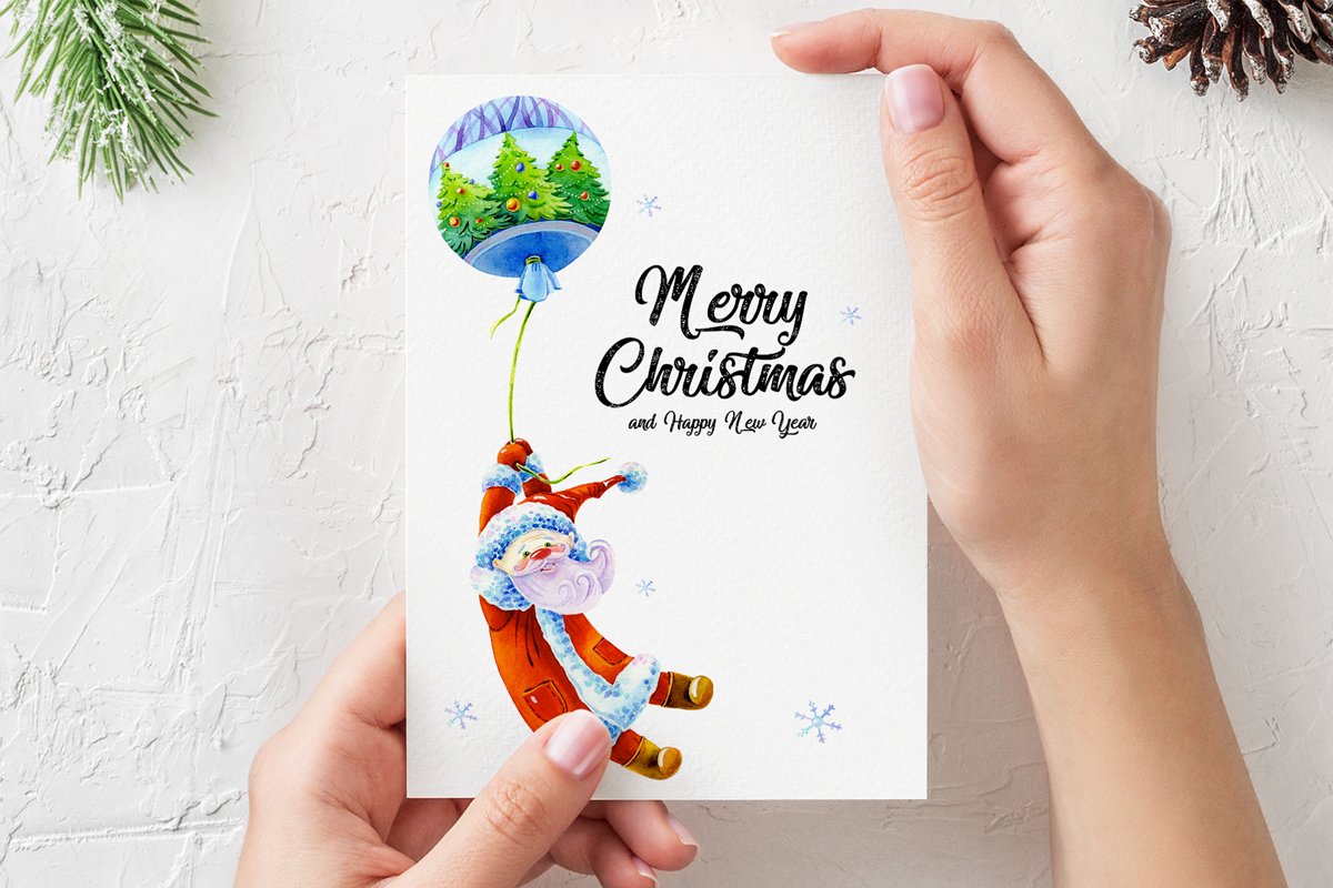 圣诞节手绘水彩绘画风格贺卡设计模板素材 Christmas Greeting Card Template_img_2