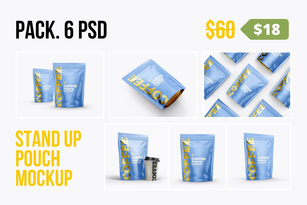 立式咖啡自封塑料袋外观设计效果图样机模板 Stand Up Pouch Mockup. Pack 5 psd_img_2