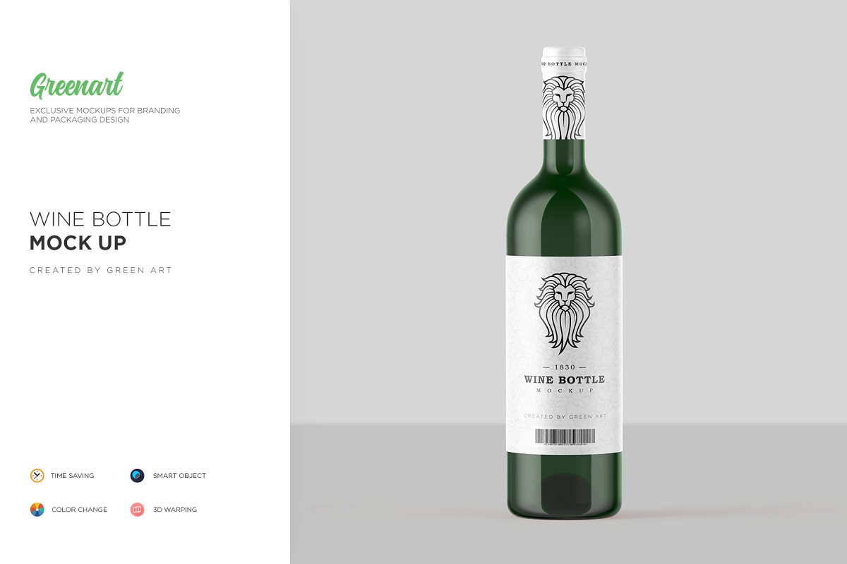 透明玻璃葡萄酒瓶外观设计预览效果图样机模板 Clear Glass Wine Bottle Mockup_img_2