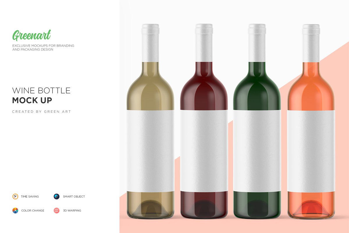 透明玻璃葡萄酒瓶外观设计预览效果图样机模板 Clear Glass Wine Bottle Mockup_img_2