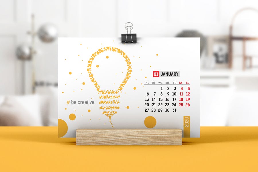 带有木架横版台历设计预览效果图样机模板 Desk Calendar With Wooden Stand Mockup 02_img_2