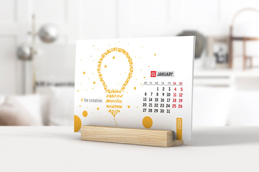 带有木架横版台历设计预览效果图样机模板 Desk Calendar With Wooden Stand Mockup 02_img_2