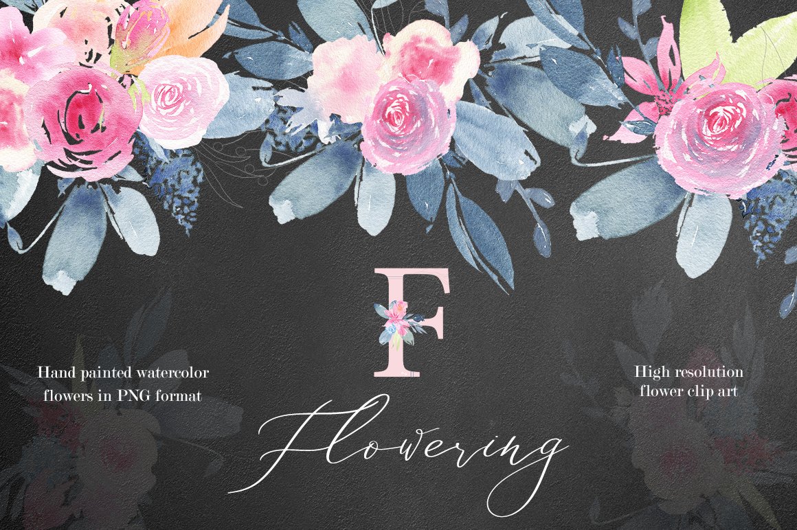 手绘水彩花卉&大写英文字母剪贴画集 Flowering Watercolor Graphic Set_img_2