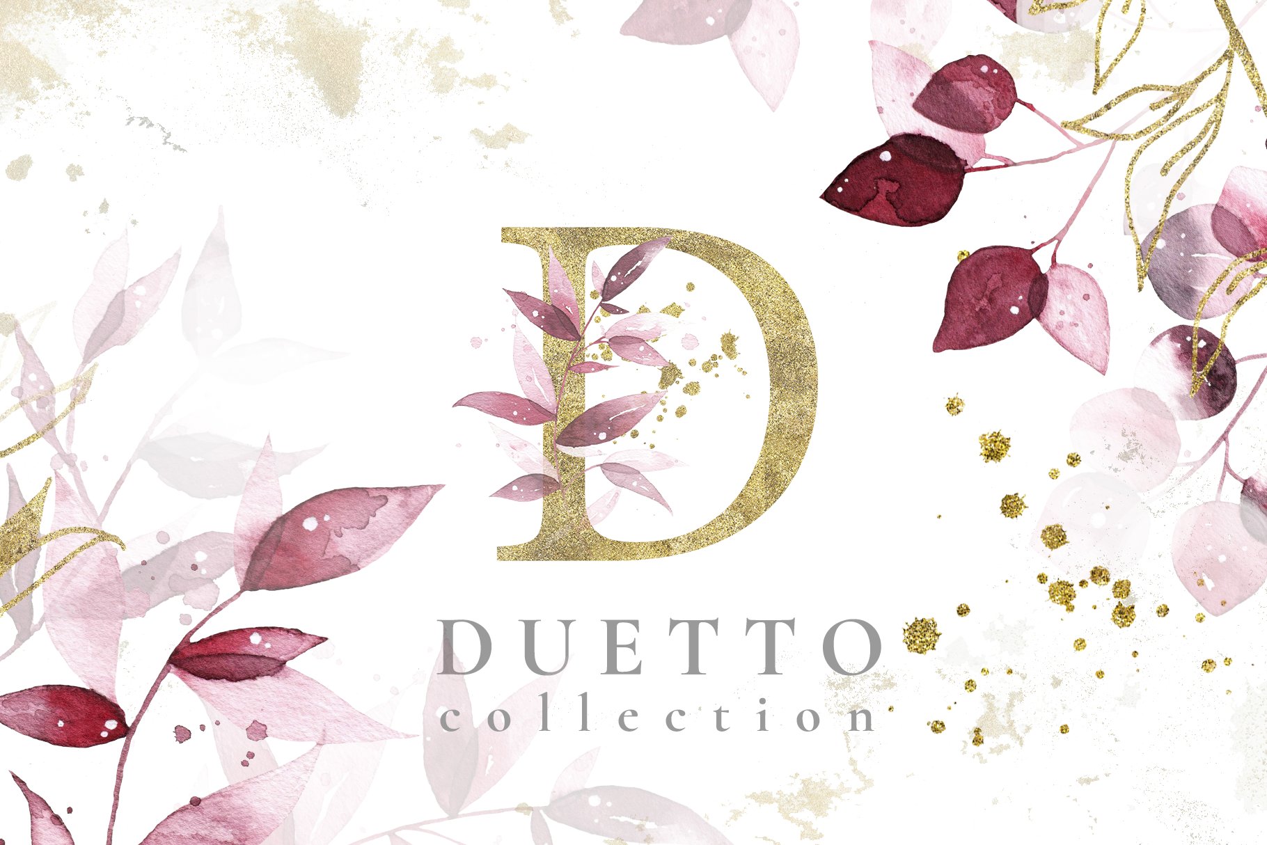 金色大写英文字母&手绘水彩树叶剪贴画套装 Duetto - Gold Watercolor Leaf Set_img_2