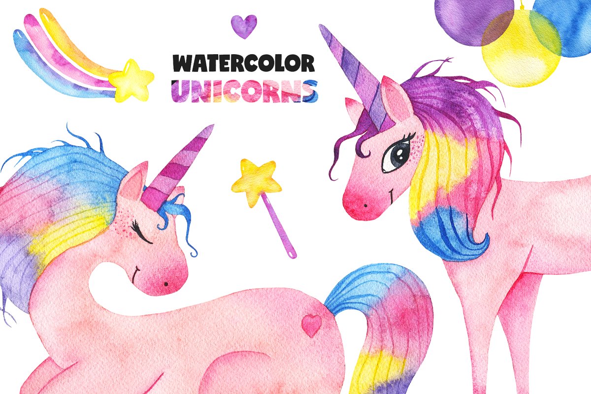 可爱手绘水彩独角兽剪贴画集 Cute Watercolor Unicorns Collection_img_2