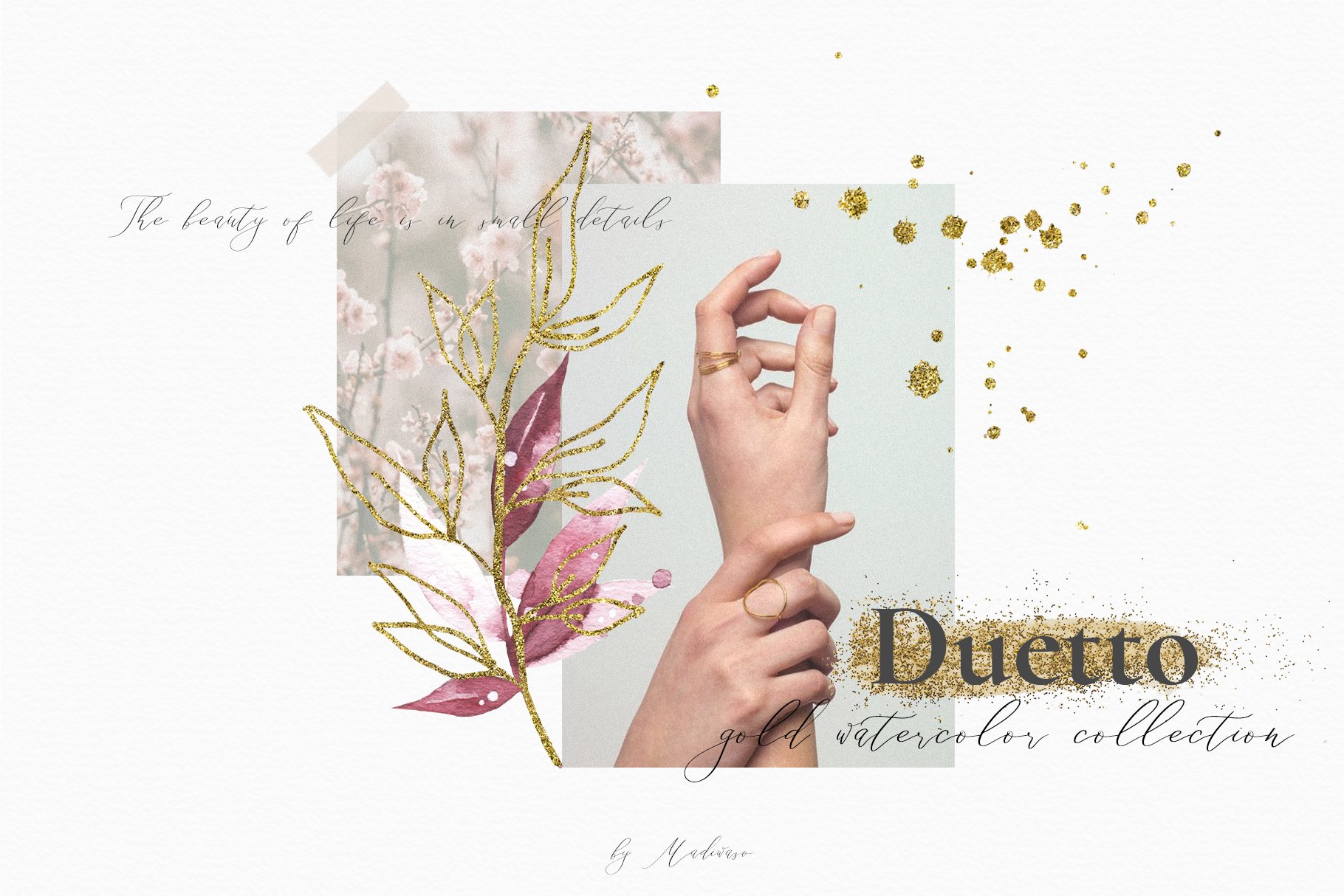 金色大写英文字母&手绘水彩树叶剪贴画套装 Duetto - Gold Watercolor Leaf Set_img_2