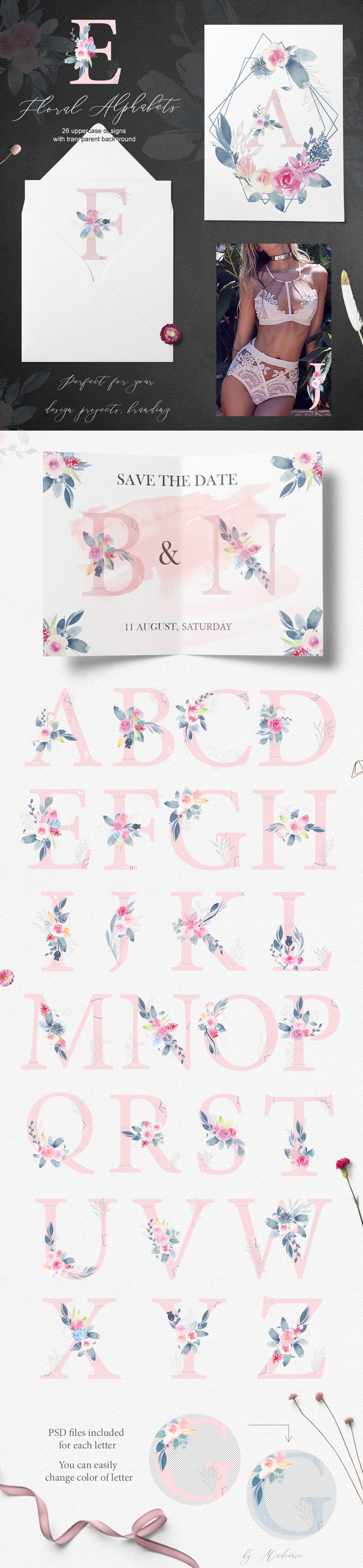 手绘水彩花卉&大写英文字母剪贴画集 Flowering Watercolor Graphic Set_img_2