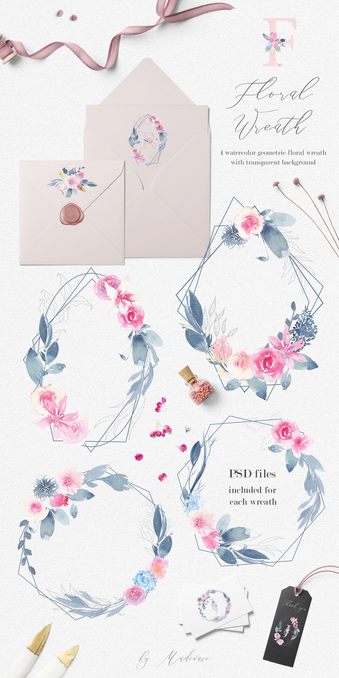 手绘水彩花卉&大写英文字母剪贴画集 Flowering Watercolor Graphic Set_img_2