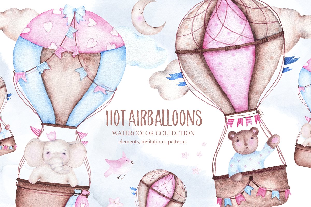 高品质手绘热带气球动物水彩剪贴画集 Hot Airballoons Watercolor Clipart_img_2