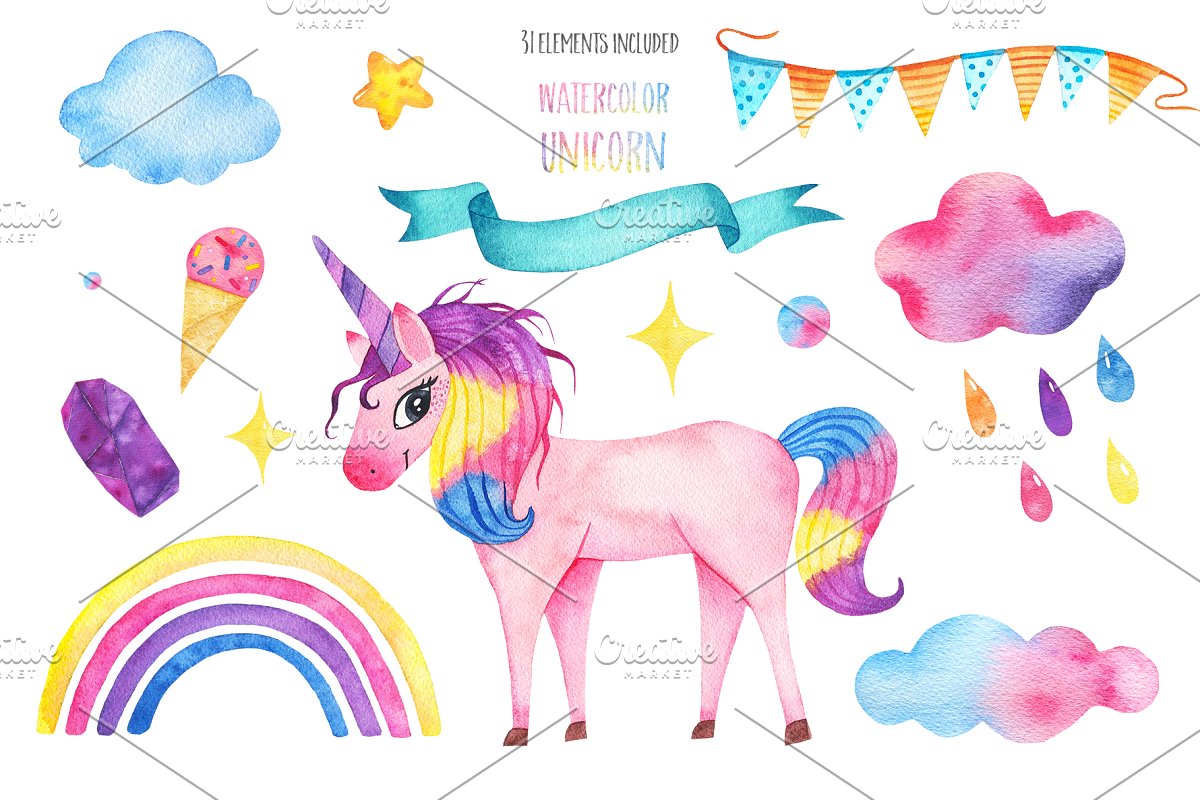 可爱手绘水彩独角兽剪贴画集 Cute Watercolor Unicorns Collection_img_2