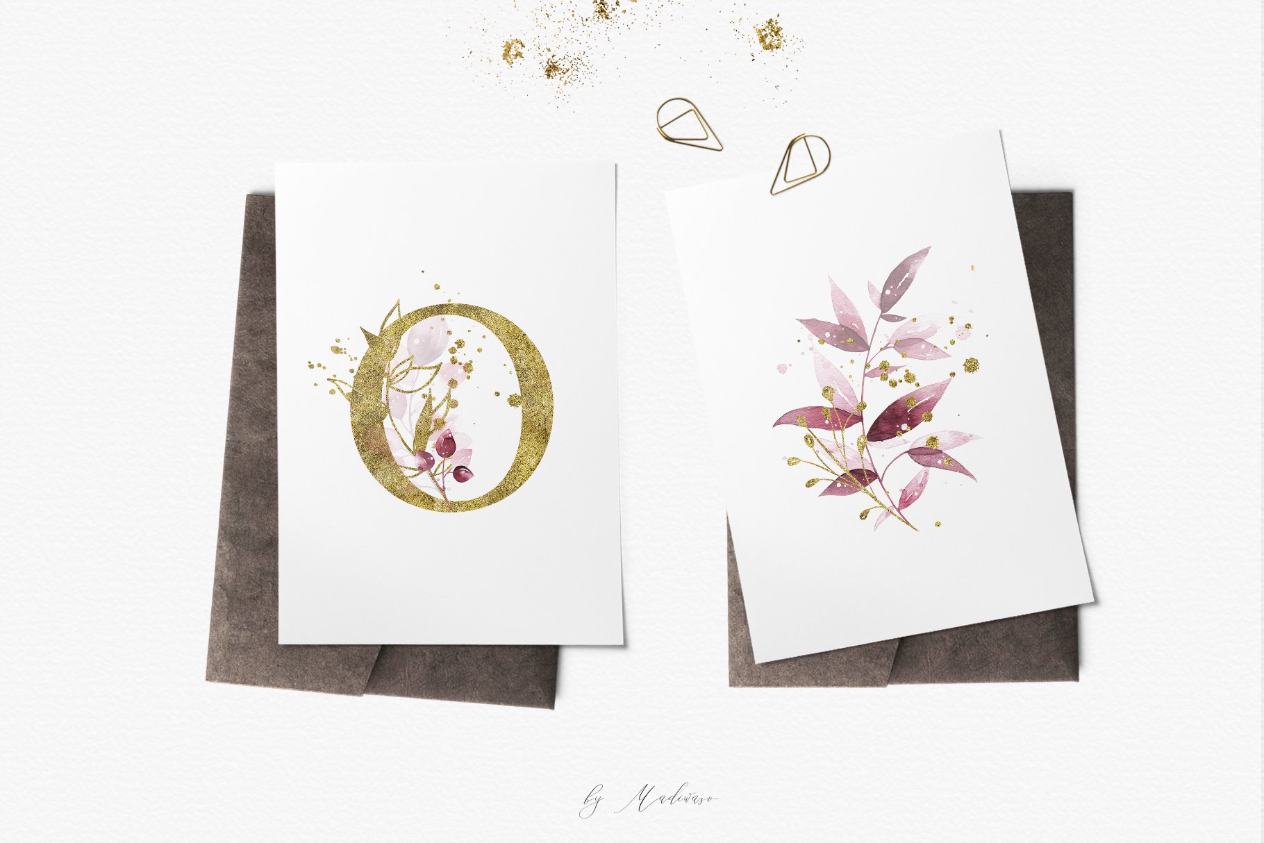 金色大写英文字母&手绘水彩树叶剪贴画套装 Duetto - Gold Watercolor Leaf Set_img_2