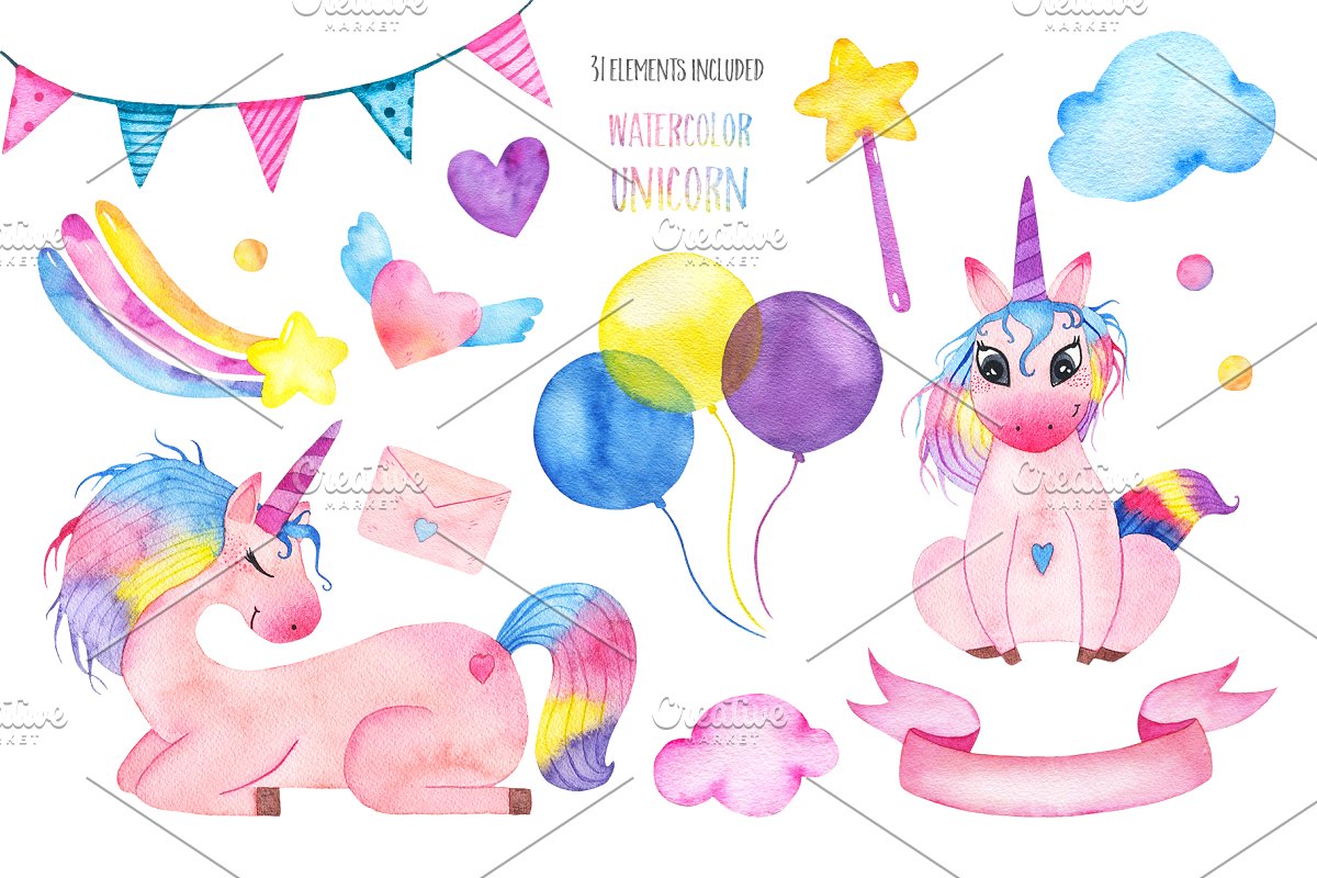 可爱手绘水彩独角兽剪贴画集 Cute Watercolor Unicorns Collection_img_2