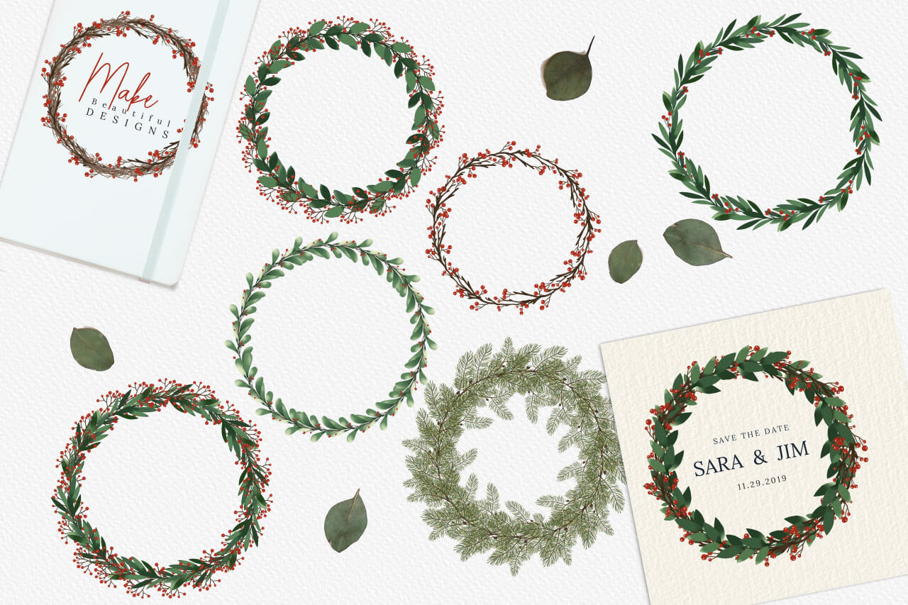 圣诞节主题手绘水彩花圈剪贴画集合 Christmas Watercolor Wreaths Collection_img_2