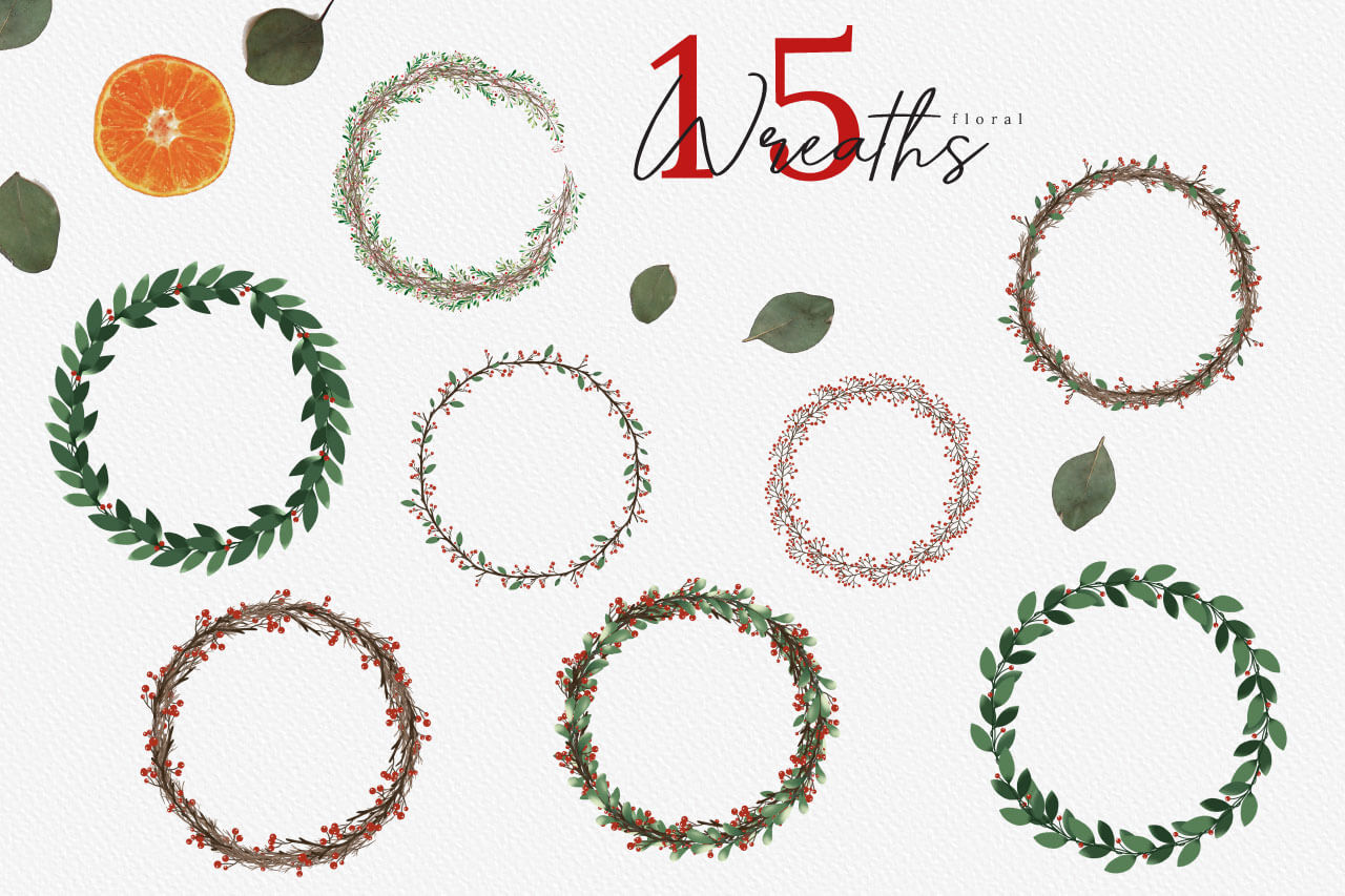 圣诞节主题手绘水彩花圈剪贴画集合 Christmas Watercolor Wreaths Collection_img_2