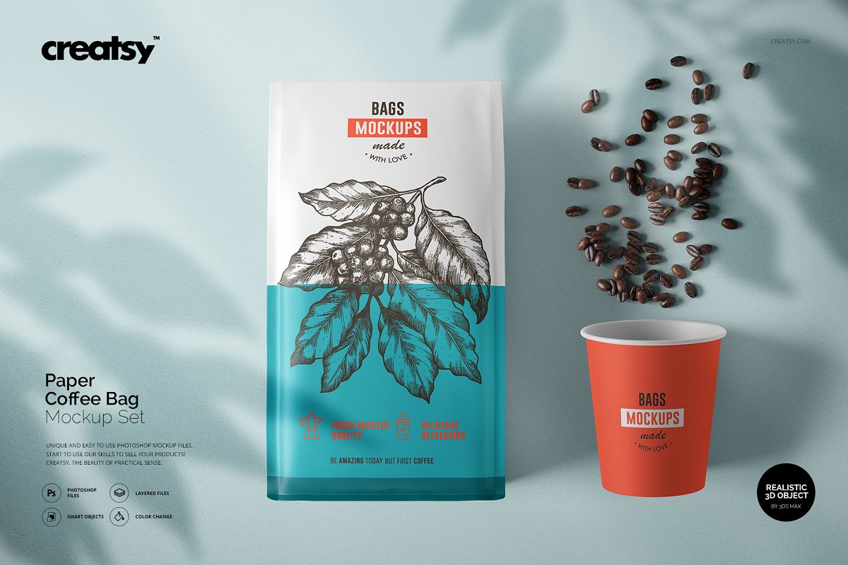 带纸杯咖啡豆纸包装袋设计展示图样机模板合集 Paper Coffee Bag Mockup Set_img_2