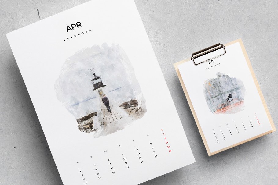 出色创意2020年水彩日历台历设计INDD模板 2020 Watercolor Calendar_img_2