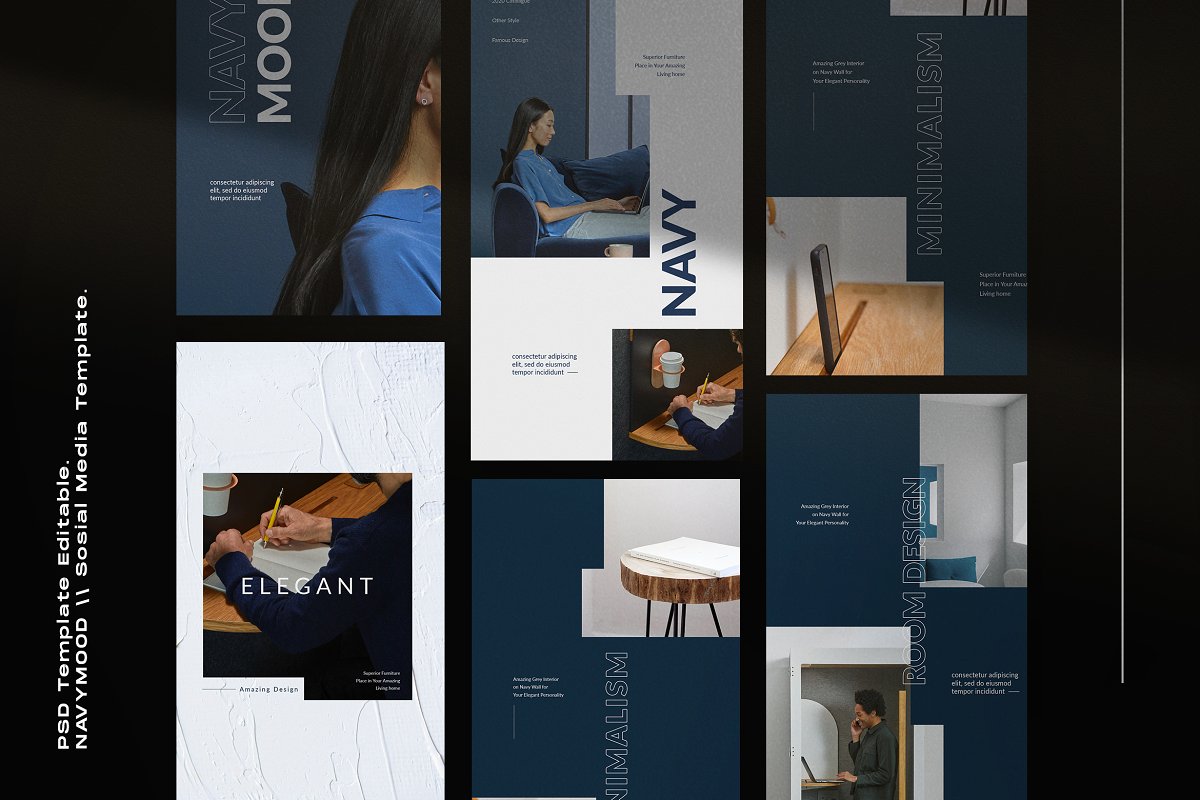 海军蓝色家具设计工作室品牌推广社交媒体设计模板 Navy Mood - Social Media Template_img_2